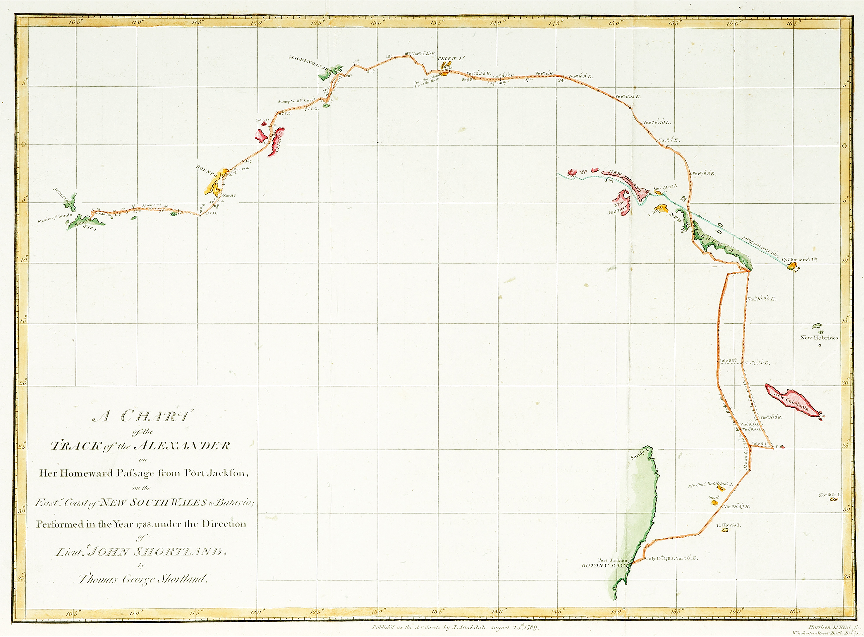 A Chart of The Track of the Alexander on Her Homeward Package from Port Jackson, East Coast of new South Wales to Batavia; Performed in the Year 1788 under the Direction of lieut. John Shortland. - Antique Map from 1789