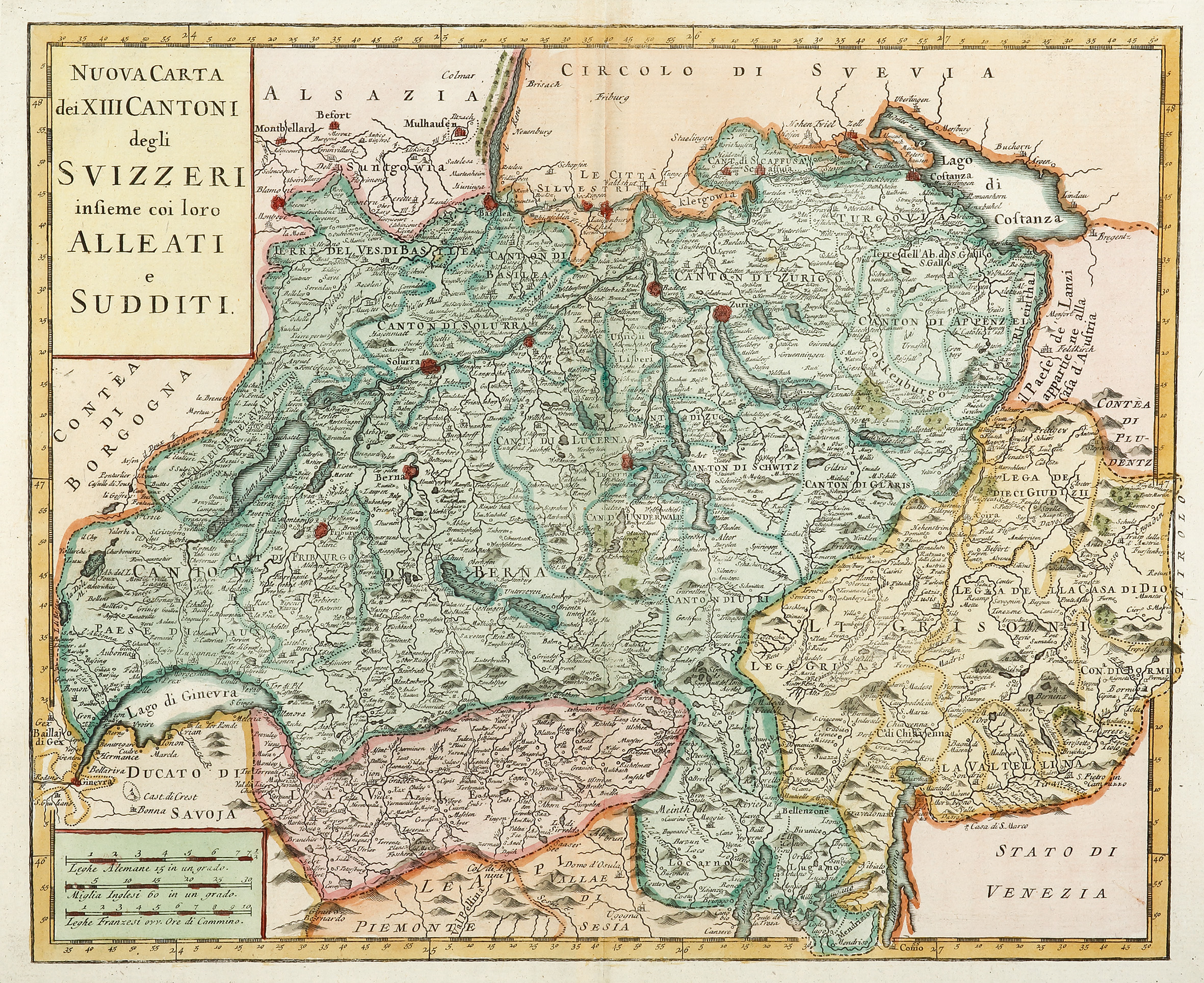 Nuova carta dei XIII Cantoni degli Svizzeri insieme coi loro Alleati e Sudditi - Antique Print from 1750