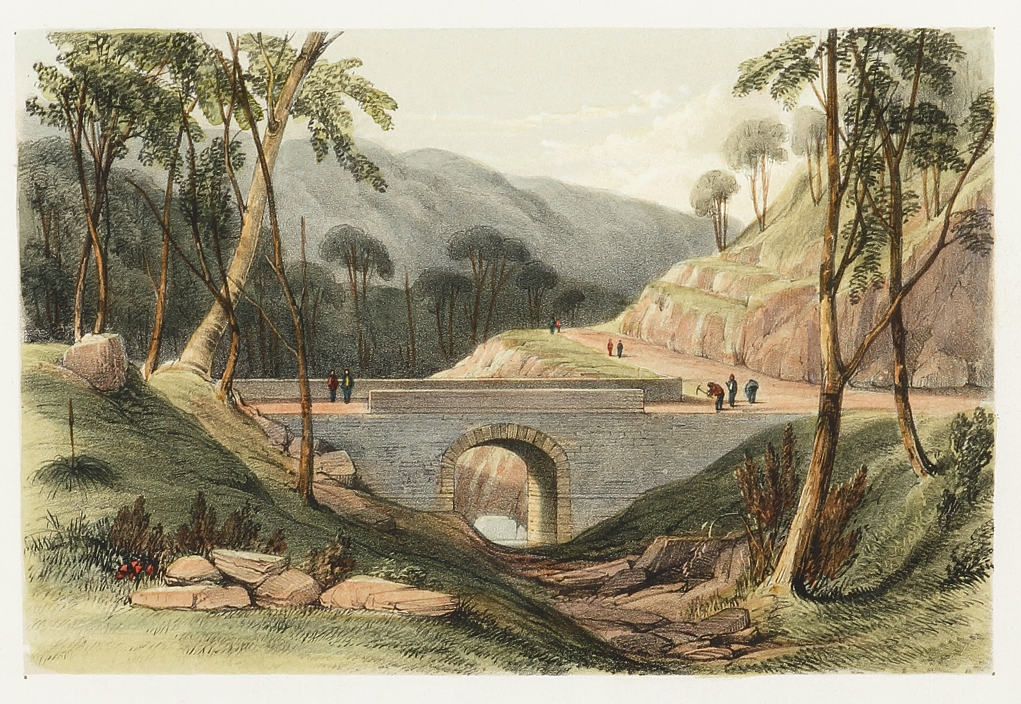 Road from Emu Plains over the Blue Mountains. The First Stone Bridge built in New South Wales. - Antique View from 1848