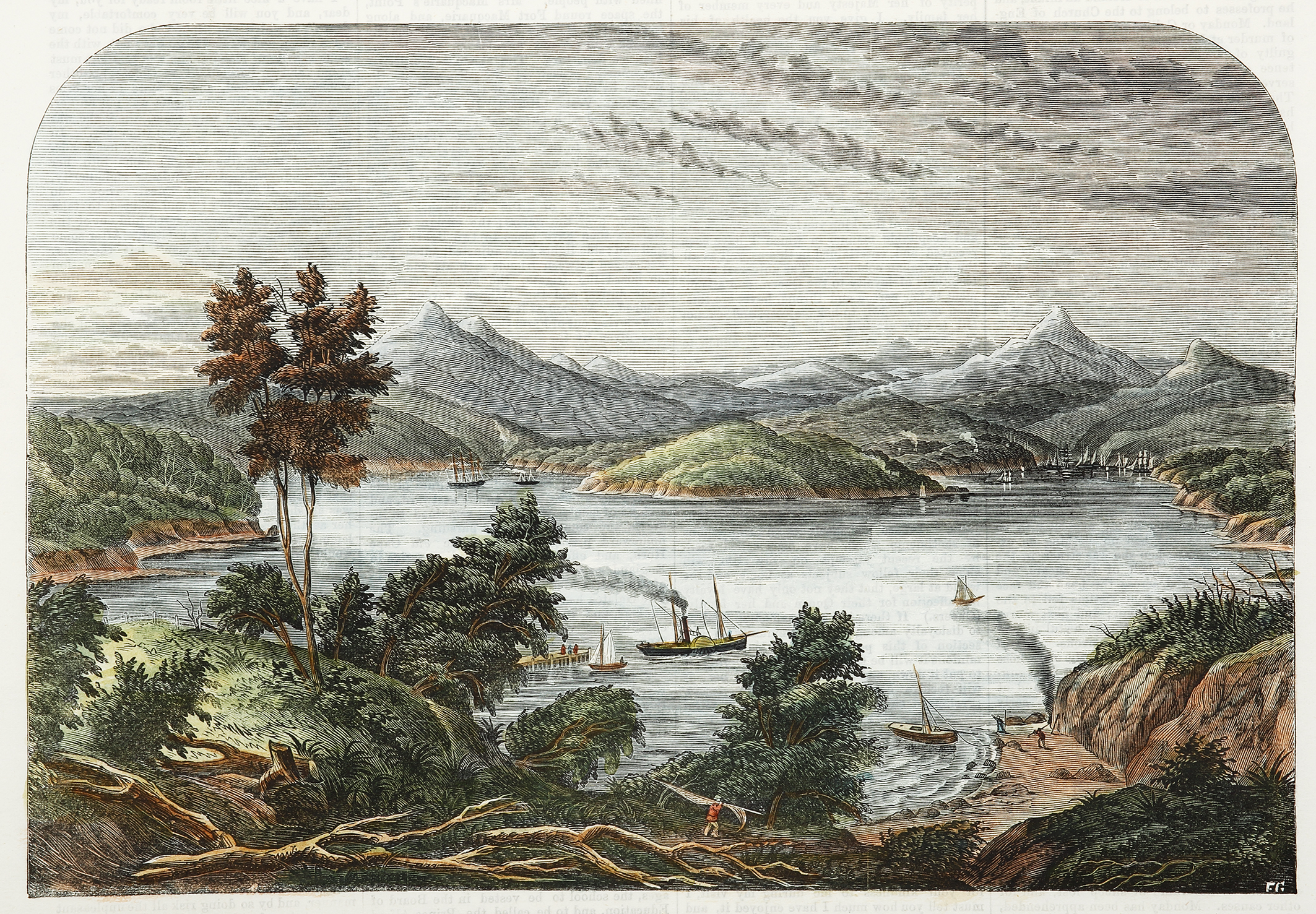Dunedin Harbor, from Portobello.-Port Chalmers in the Distance, - Antique Print from 1868