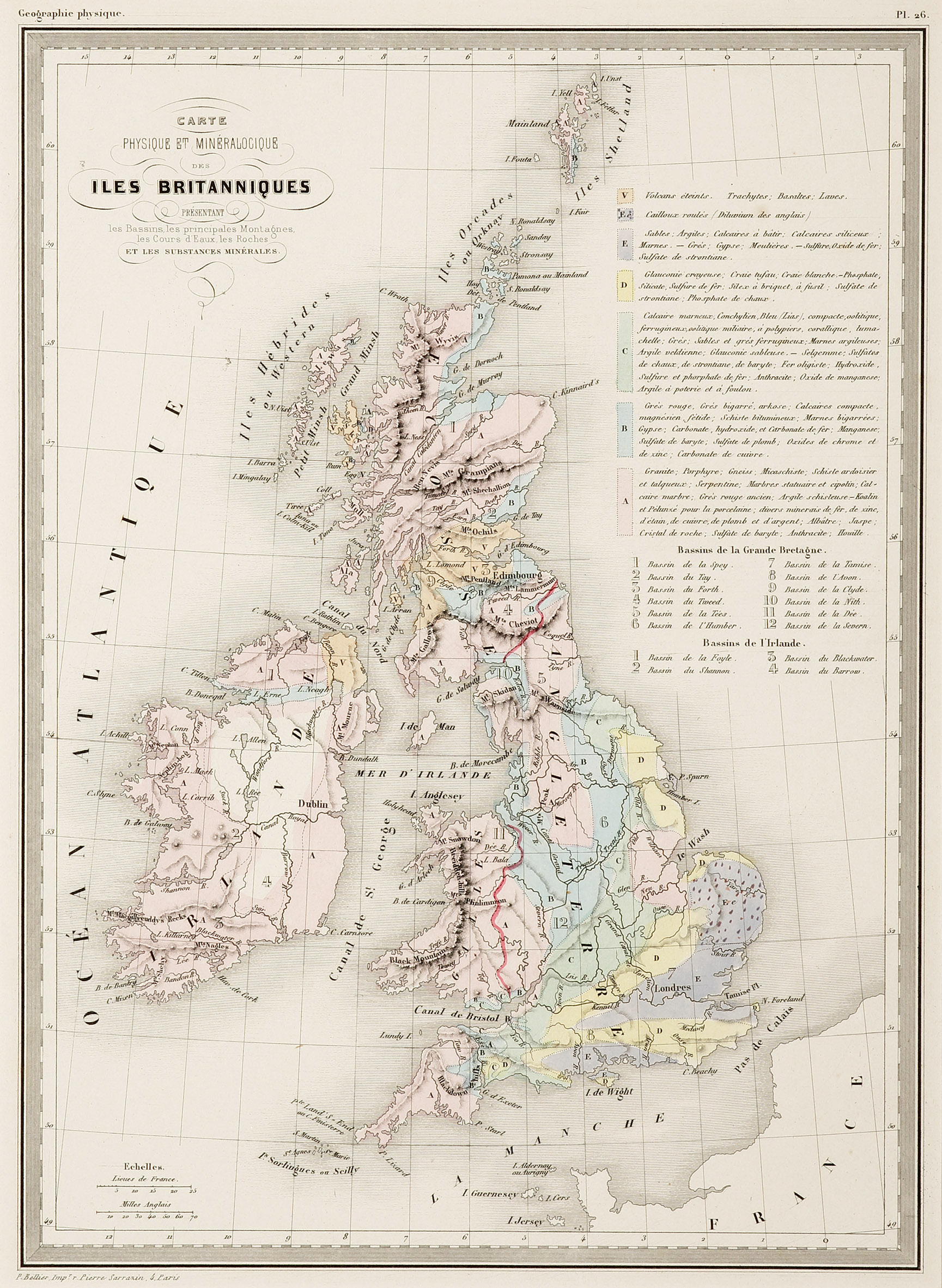 Carte Physique et Mineralogique des Iles Britanniques - Antique Print from 1850