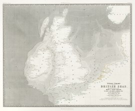Tidal Chart of the British Seas. Showing the Progress of the Wave of High Water, the Hour of High Water in Greenwich Time at New and Full Moon; and the Depth of the Sea.