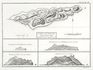 Carte et Vues de L’Isle Pitcairn. Captain Cook