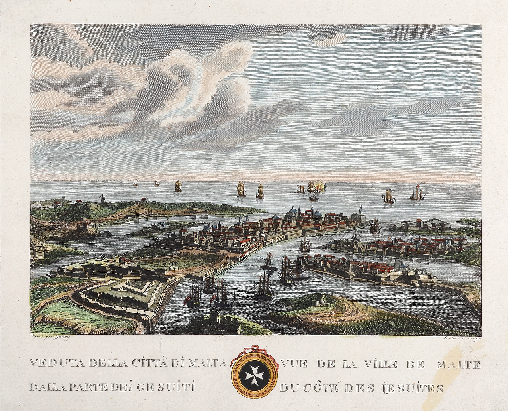 Veduta della Citta di Malta dalla parte dei Gesuiti. Vue de la Ville de Malte du Cote des Iesuites. - Antique Print from 1720