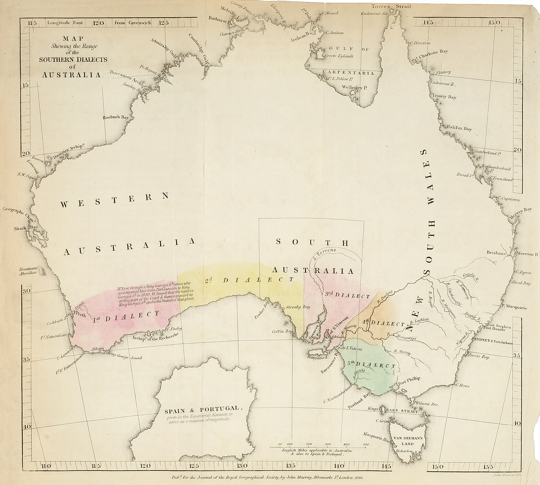 Map Shewing the Range of the Southern Dialects of Australia. - Antique Map from 1845