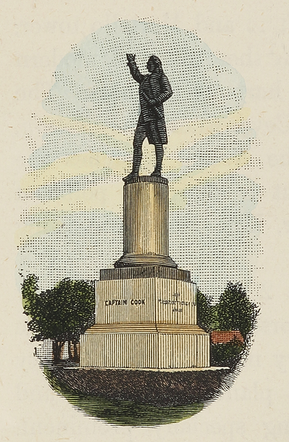 Statue of Captain Cook. - Antique Print from 1877