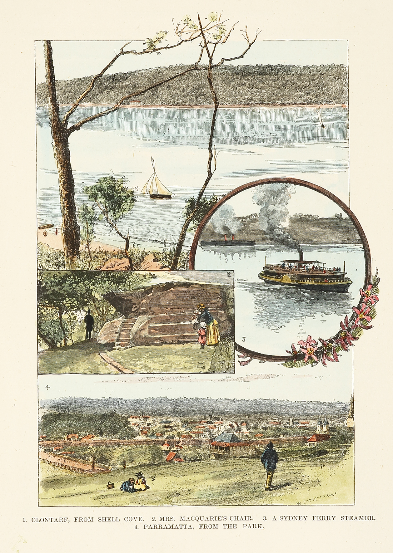 Clontarf, from Shell Cove. Mrs Macquarie's Chair. A Sydney Ferry Steamer. Parramatta, from the Park. - Antique Print from 1887