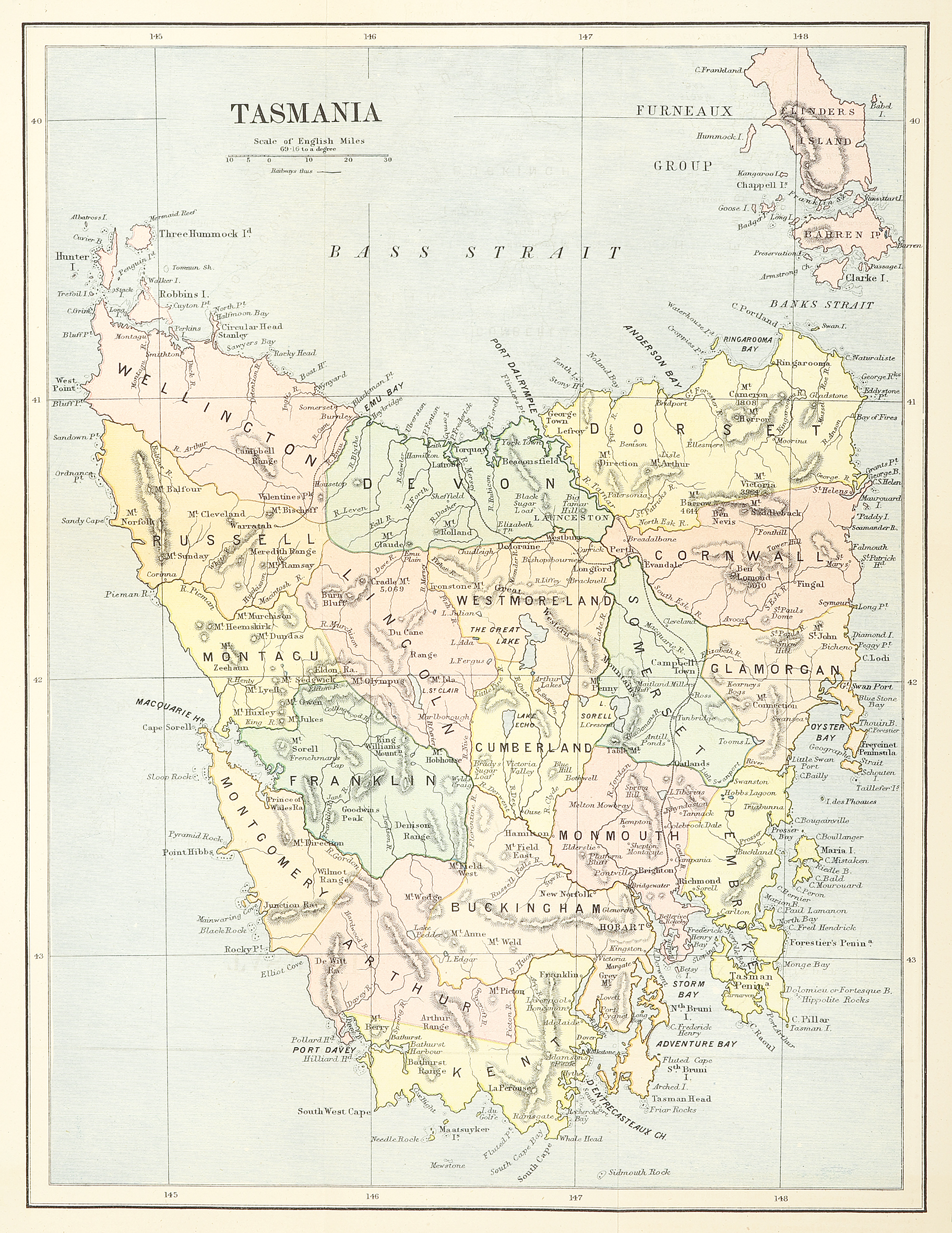 Tasmania - Antique Map from 1886