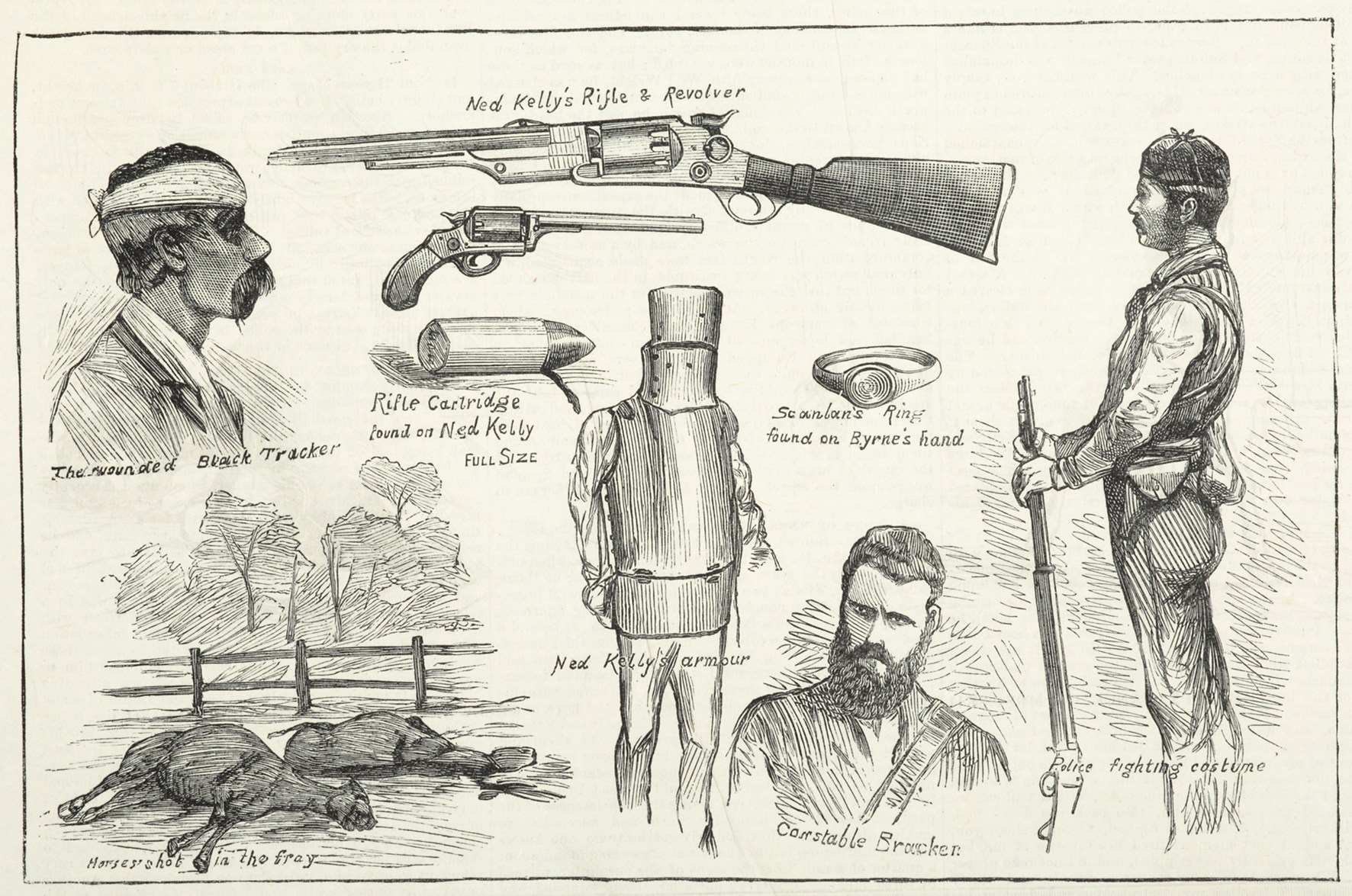 The Kelly Gang.- Our Artist's small sketches whilst in Glenrowan. - Antique View from 1880