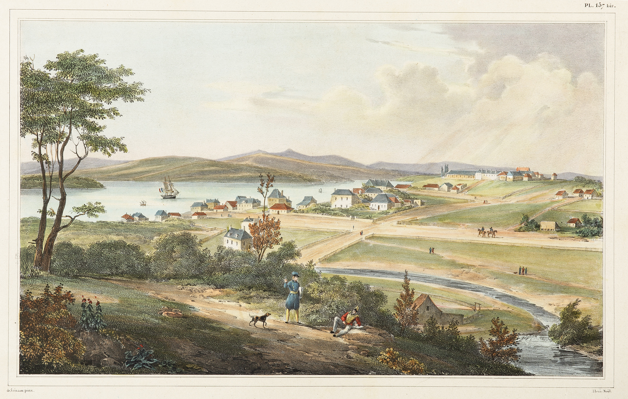 Hobart-Town, Vue du cote des Casernes. Ile Van Diemen. - Antique View from 1833