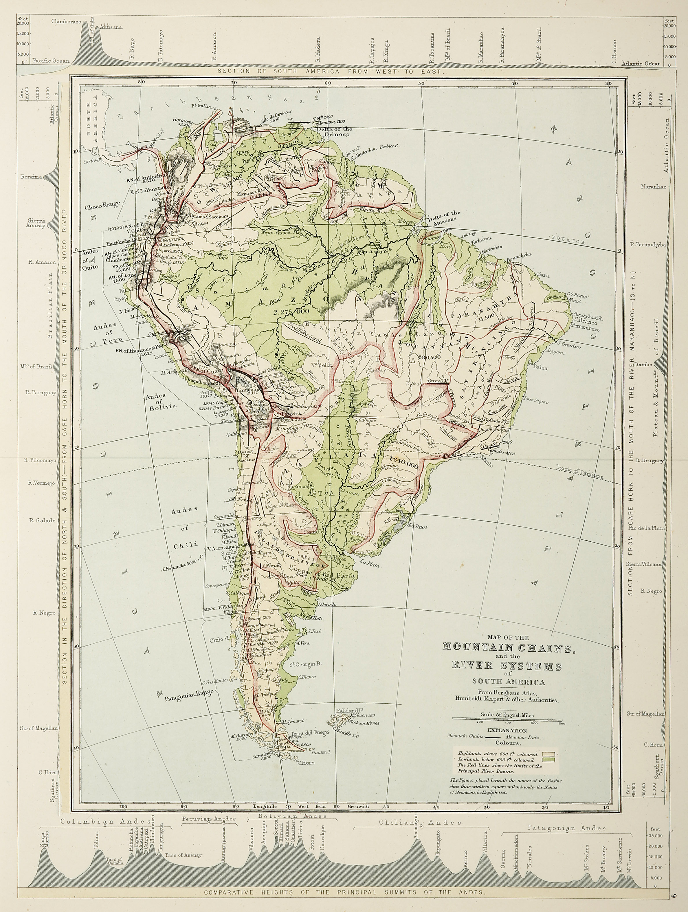 Map of the Mountain Chains, and the river systems of South America. - Antique Print from 1890