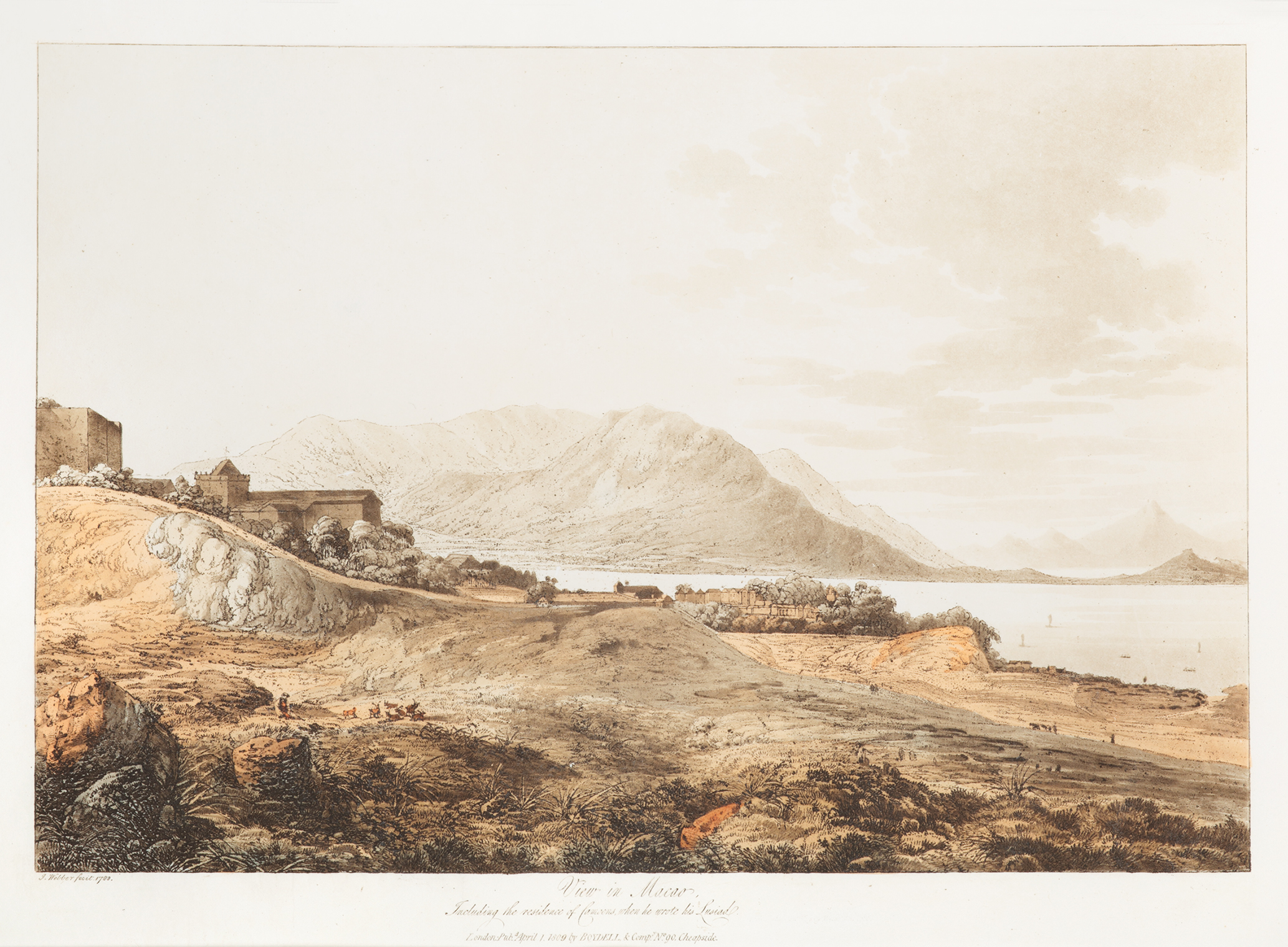 View in Macao, including the residence Camoens, when he wrote his Lusiad. - Antique View from 1819