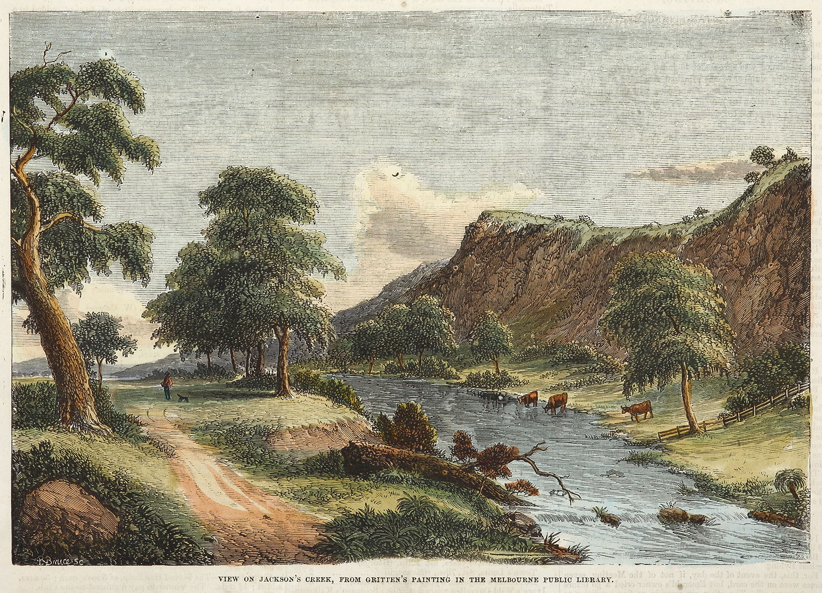 View on Jackson's Creek, from Gritten's Painting in the Melbourne Public Library. - Antique Print from 1866