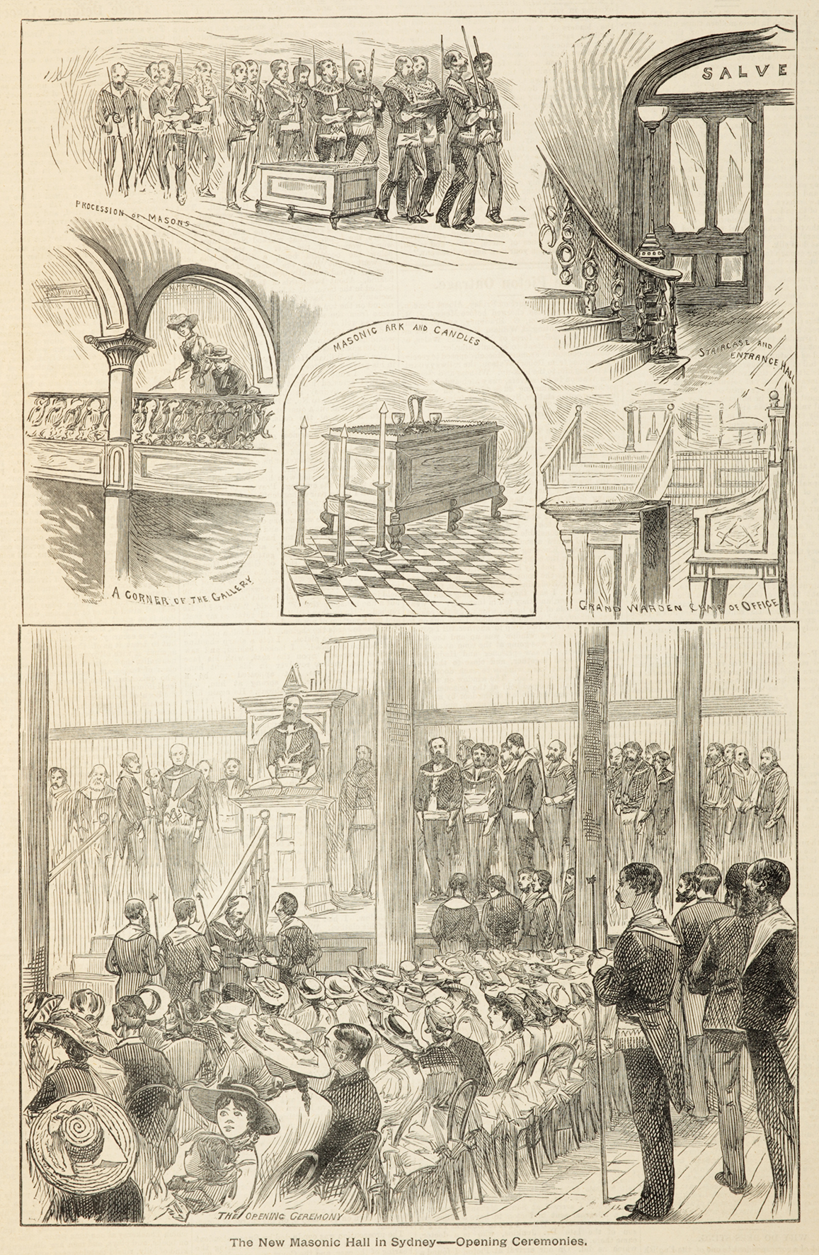 The New Masonic Hall in Sydney-Opening Ceremonies. - Antique Print from 1884