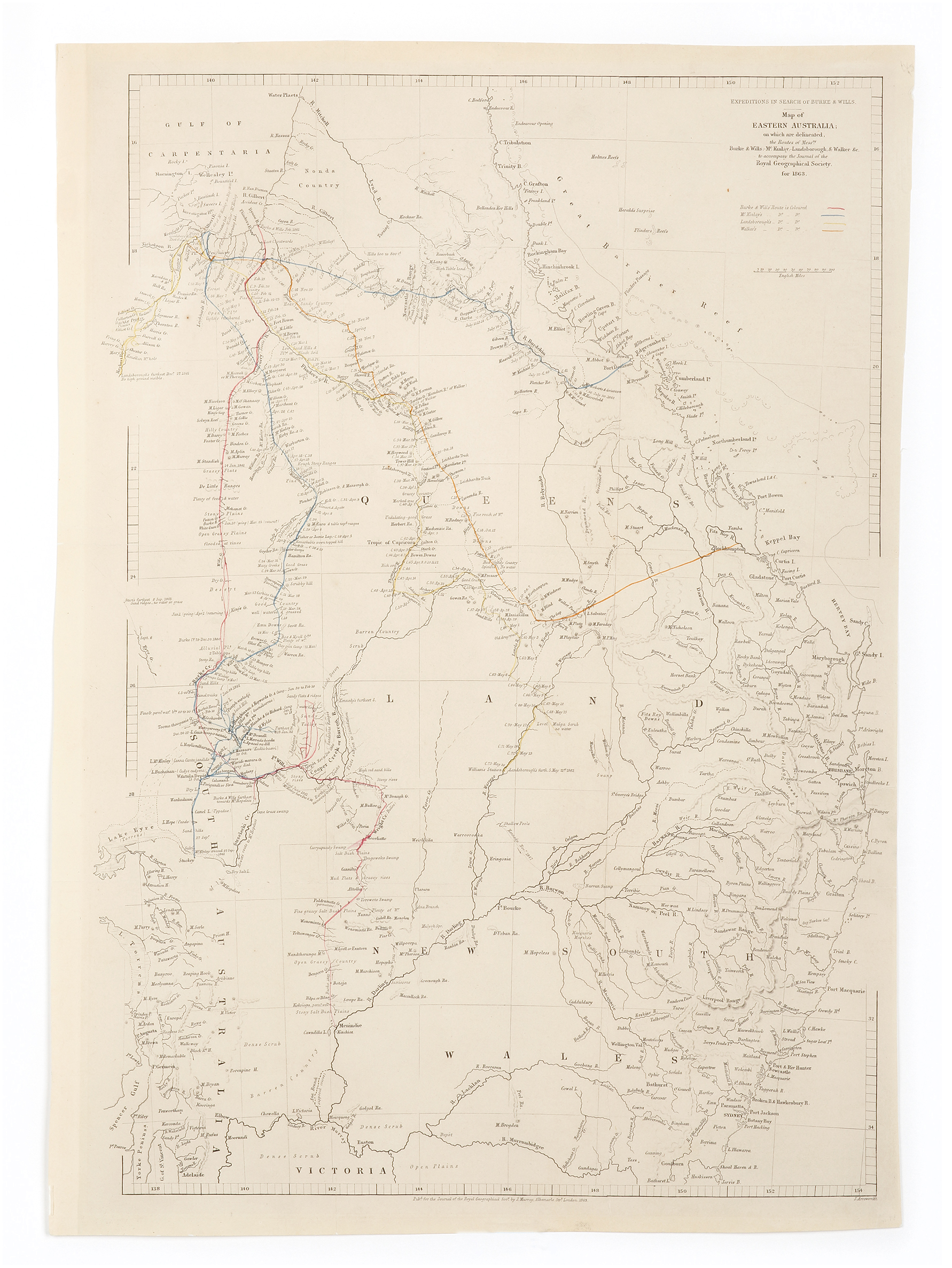 Expeditions In Search of Burke & Willis - Map of Eastern Australia: on which are Delineated, the Routes of Messrs. Burke & Wills.-McKInlay.-Landsborough, & Walker &c. .... - Antique Map from 1863