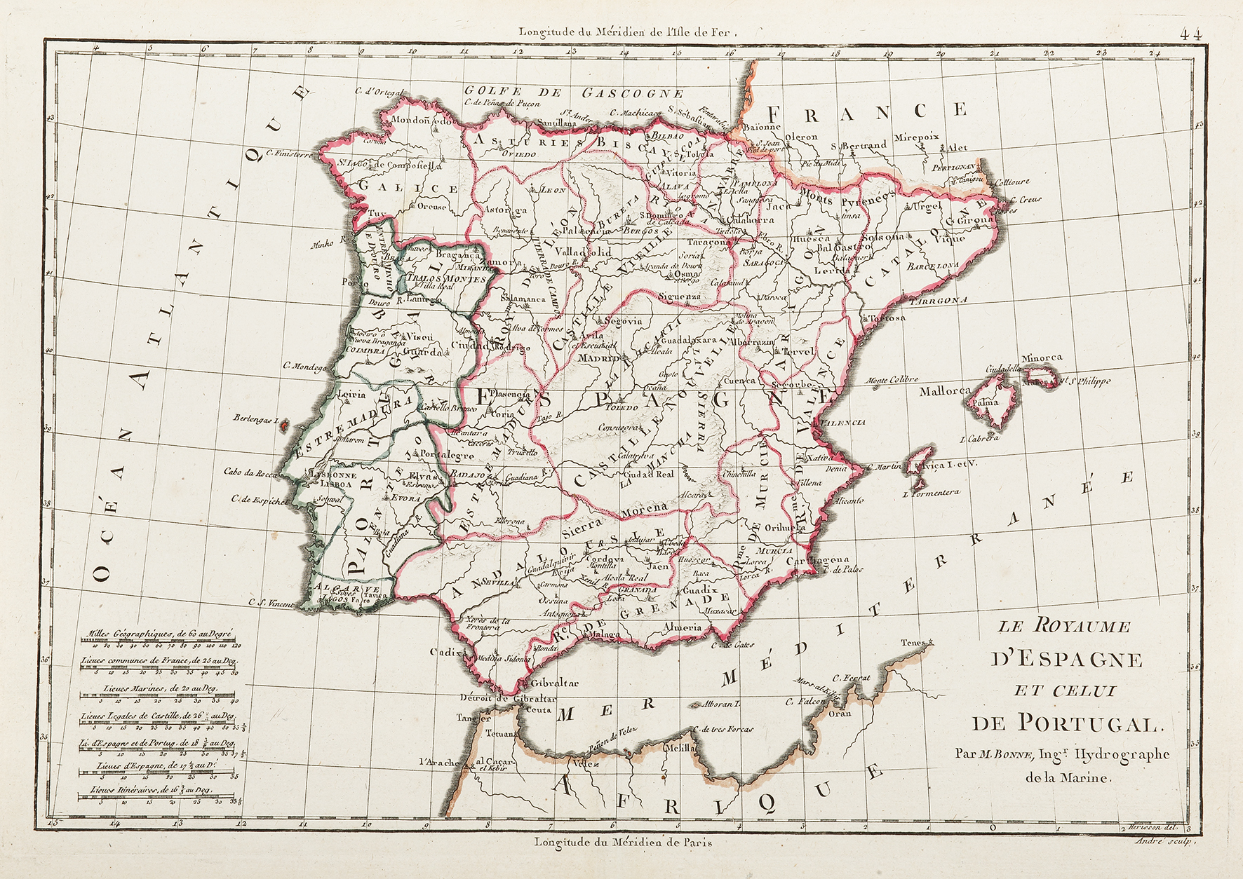 Le Royaume D'Espagne et Celui de Portugal. - Antique Print from 1788