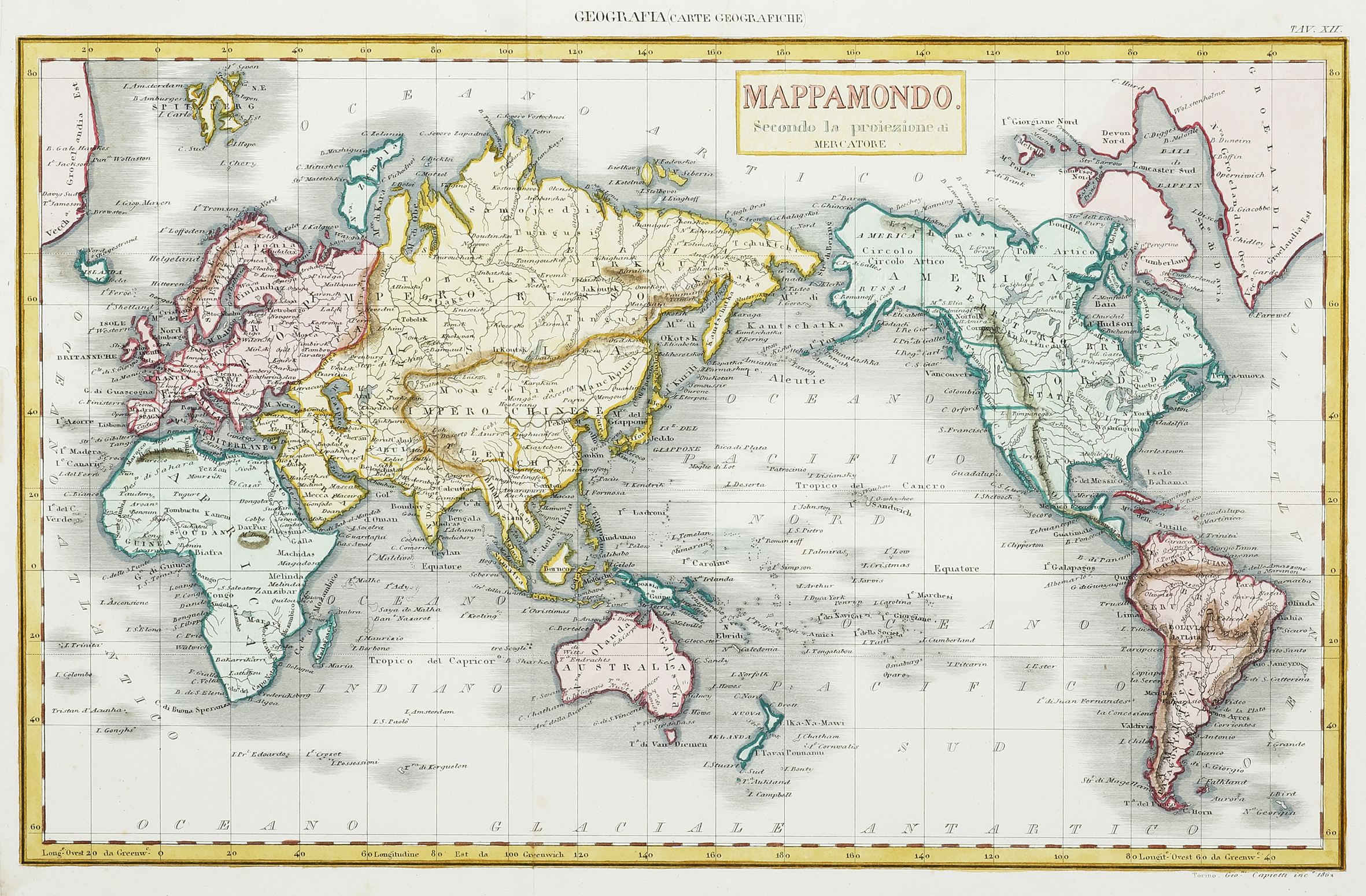 Mappamondo Secondo la proiezione di Mercatore - Antique Print from 1869