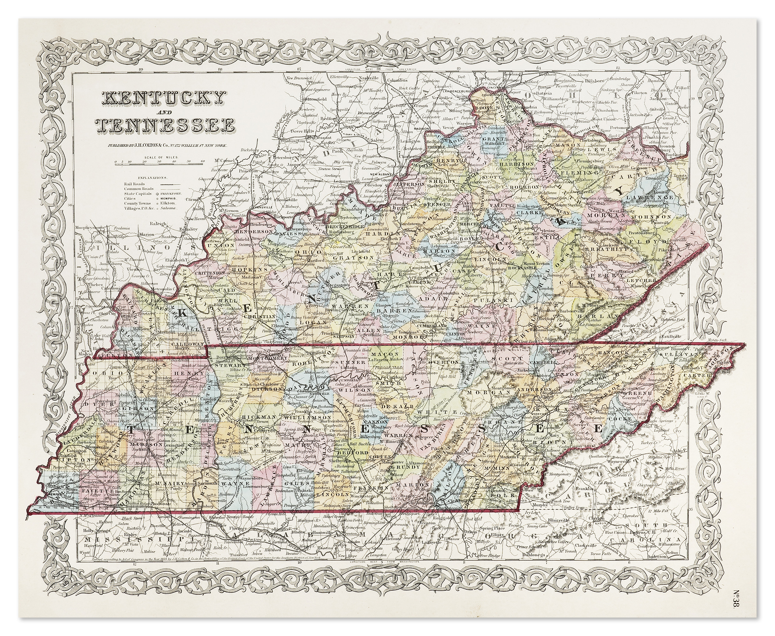 Kentucky and Tennessee - Antique Print from 1855