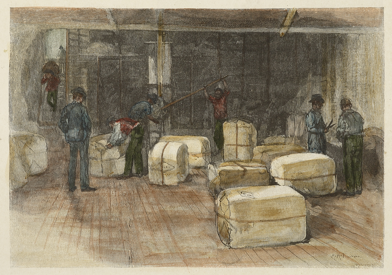 Wool Pressing. - Antique Print from 1886