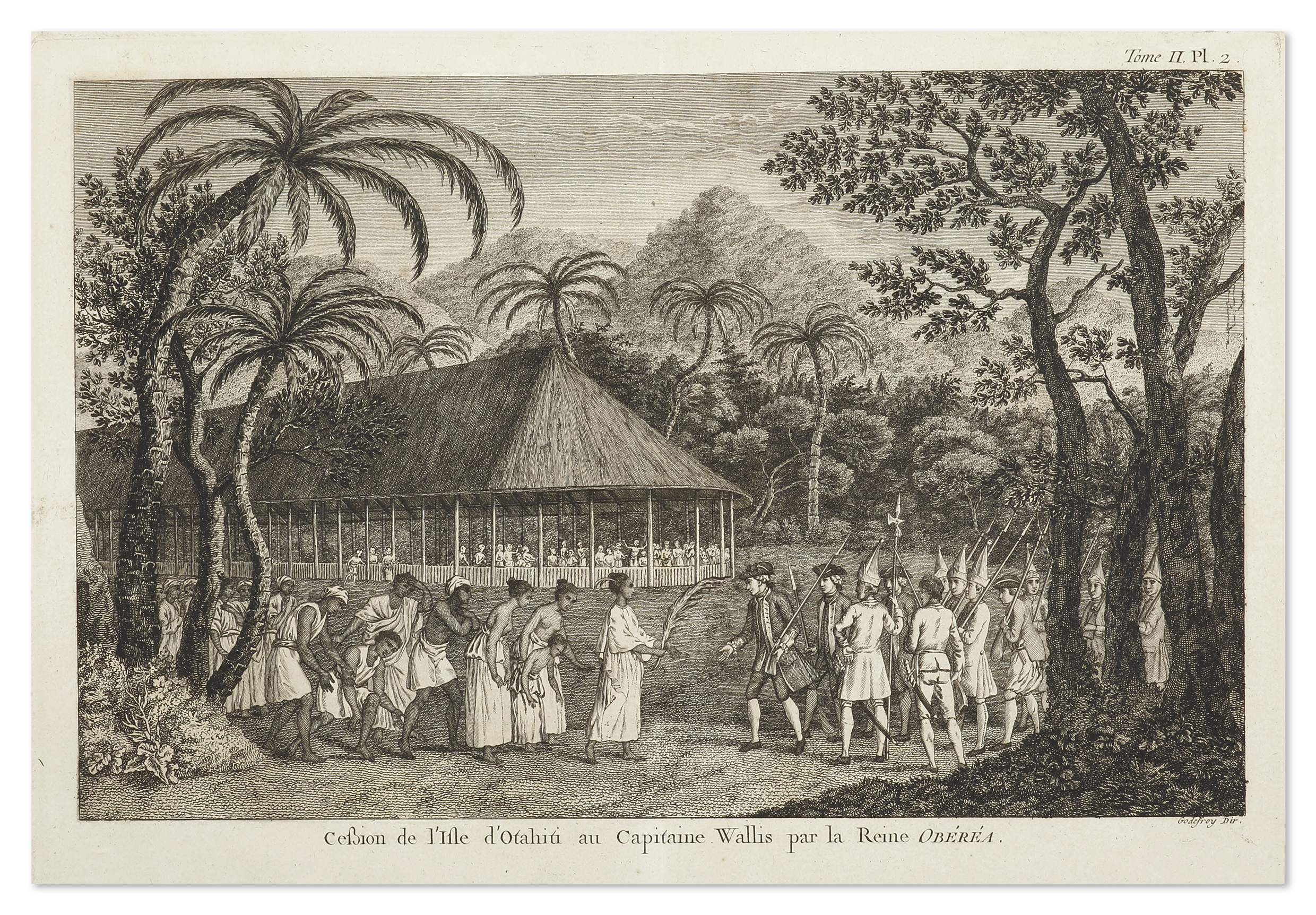 Cession de l'Ile de Otahiti au Capitaine Wallis par la Reine Oberea. - Antique View from 1774