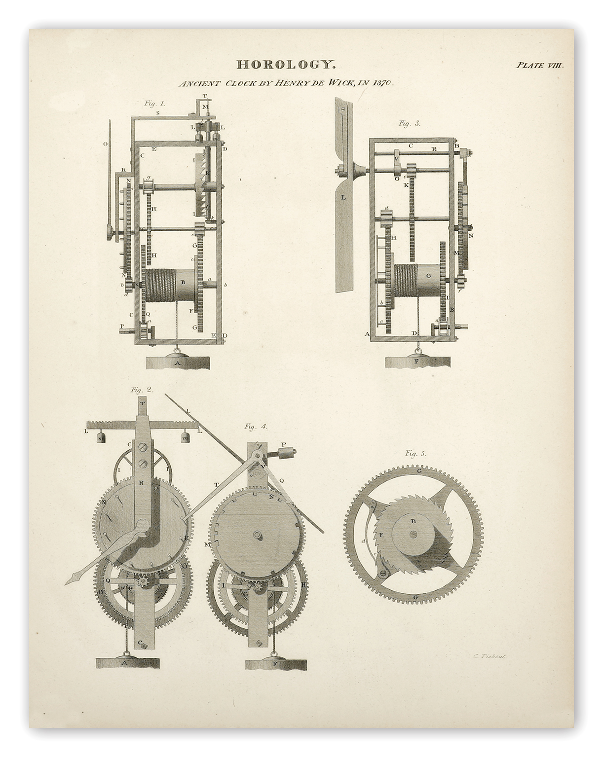 Horology. Ancient Clock by Henry de Wick, in 1370. - Antique Print from 1805