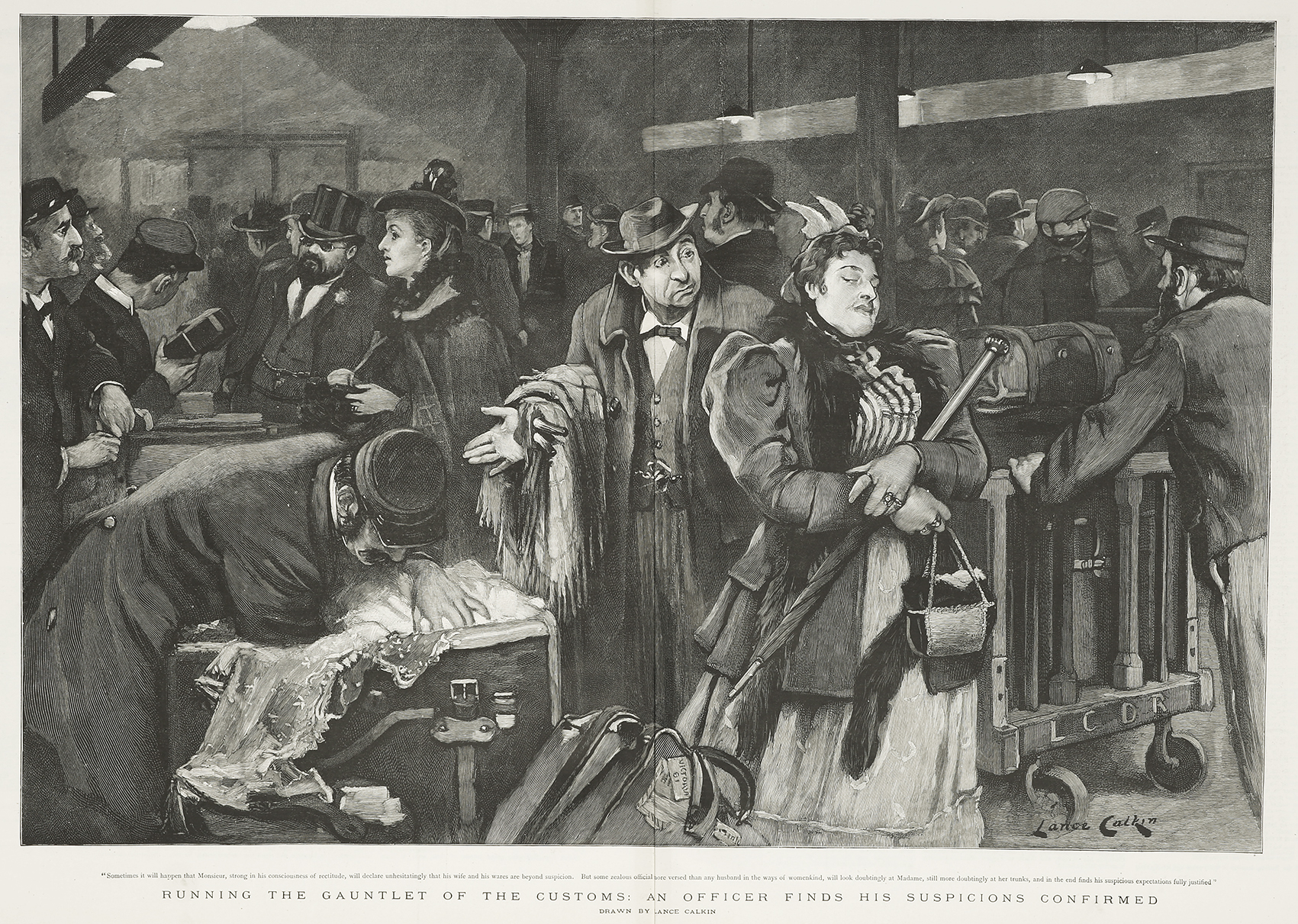 Running the Gauntlet of the Customs: An Officer finds his Suspicions confirmed. - Antique Print from 1895