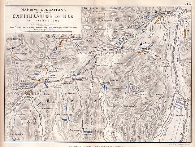 Map of the Operations which led top the Capitulation of Ulm October 1805 - Antique Print from 1850