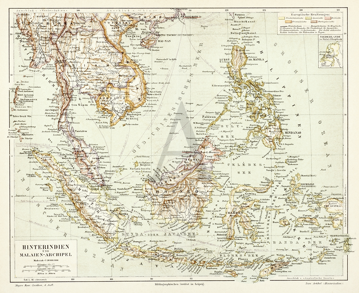 Hinterindien und Malaien-Archipel. - Antique Map from 1895