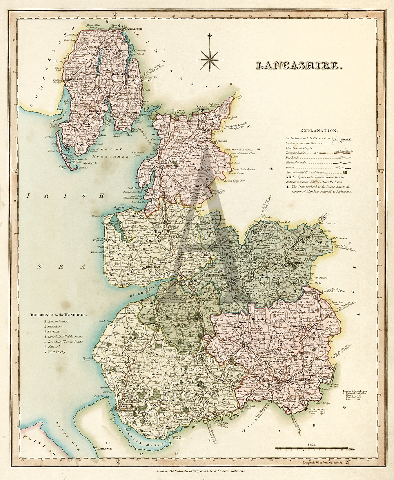 Lancashire - Antique Print from 1829