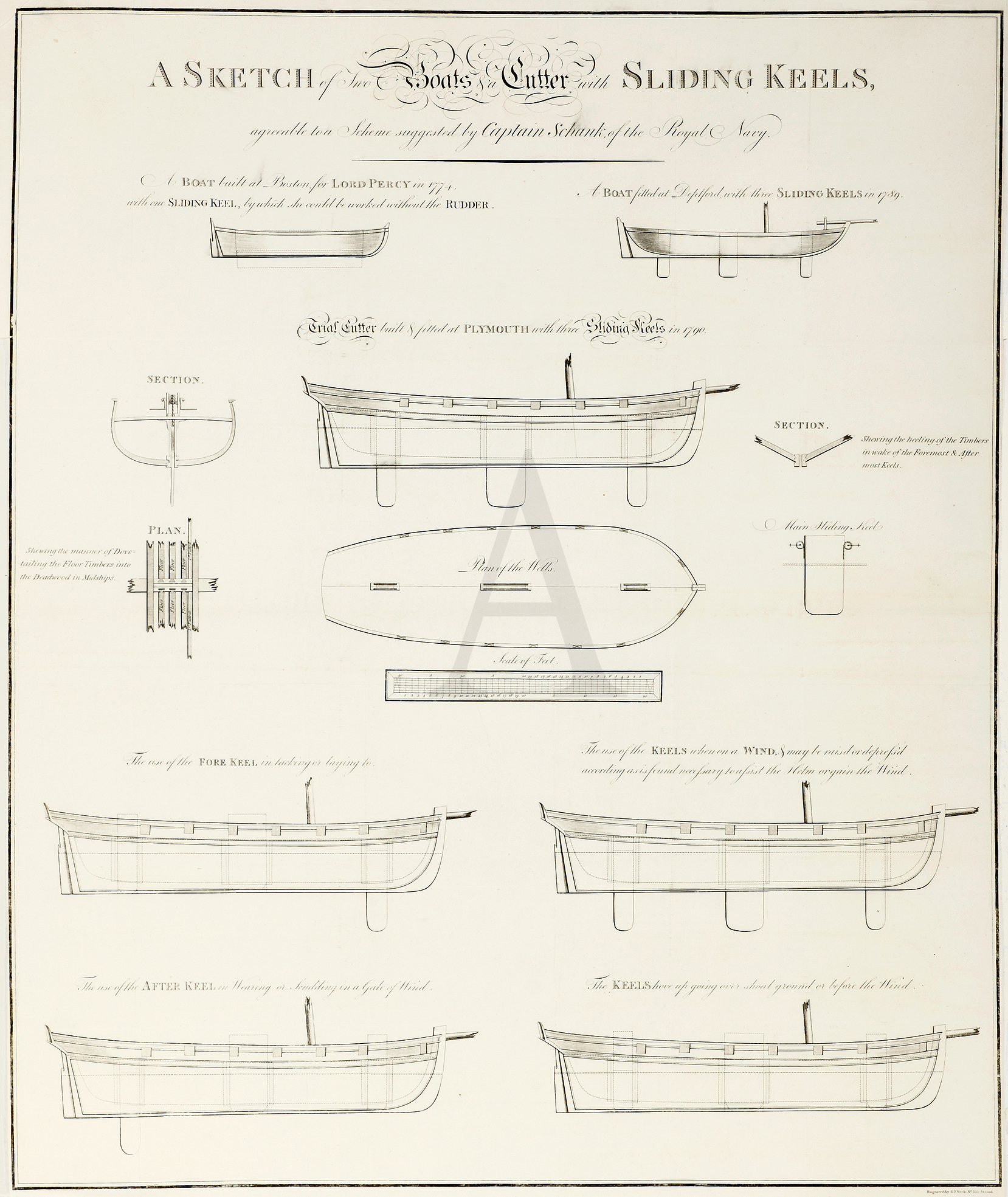 2. A Sketch of the Boats & a Cutter with Sliding Keels, Agreeable to a Scheme Suggested by Captain Schank, of the Royal Navy. - Antique Print from 1804