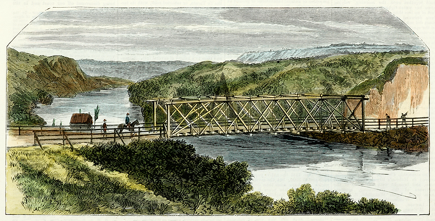 Bridge over the Waikato, near Lake Taupo, N.Z. - Antique Print from 1876