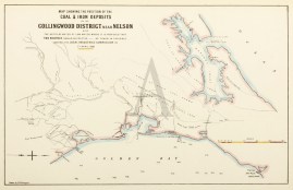 Map Shewing the Position of the Coal & Iron Deposits in the Collingwood District near Nelson also The Depth of Water where it is Proposed that Two Wharves should be Erected- as taken in Evidence Before the Local Industries Commission on 7th April 1880