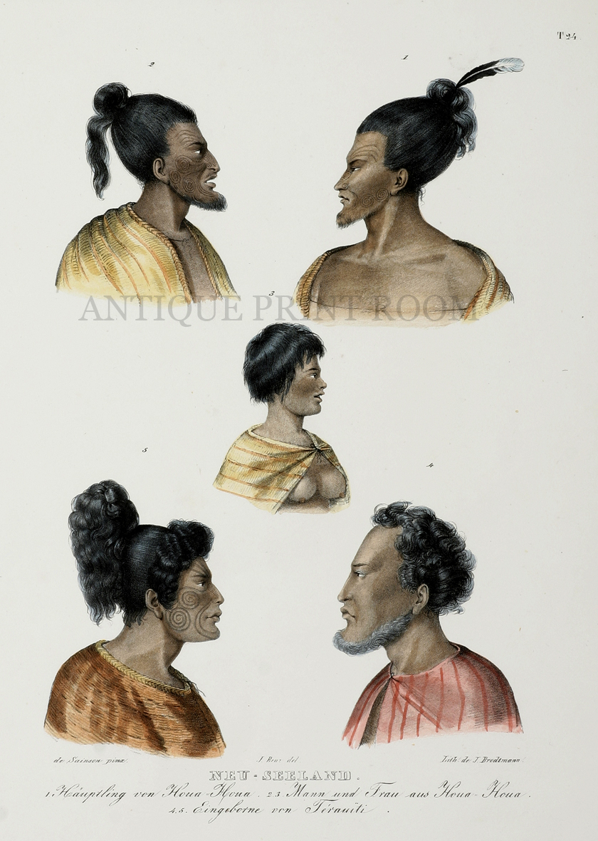 1.Hauptling von Houa Houa 2.3.Mann und Frau aus Houa Houa 4.5 Eingeborne von Terauiti - Antique Print from 1836