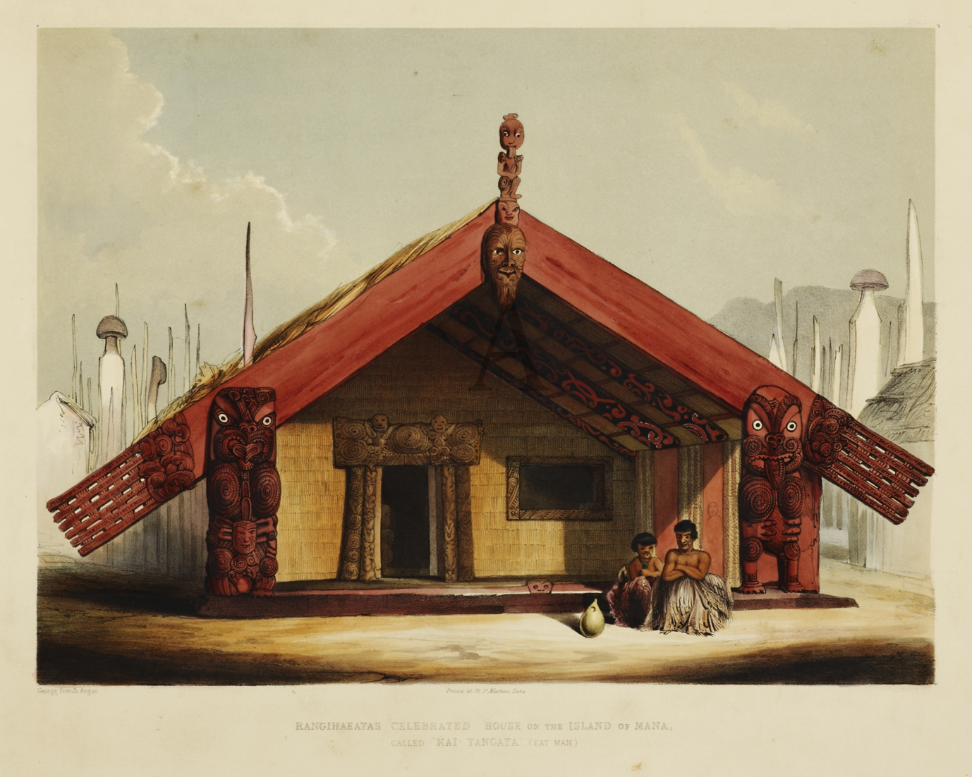 Rangihaeatas Celebrated House on the Island of Mana, Called "Kai - Tangata" (Eat Man). - Antique Print from 1847