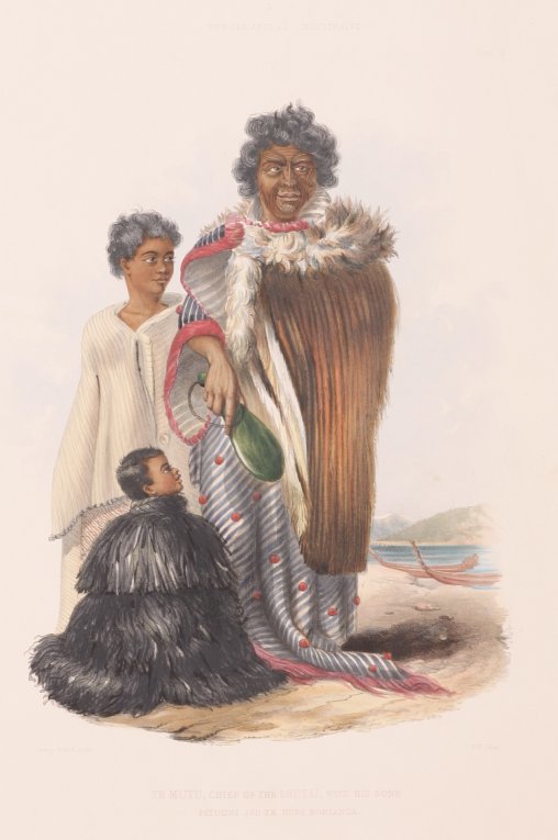 Te Mutu, Chief of the Shutai, with his Sons Patuoni and Te Kuri Hokianga. - Antique Print from 1847