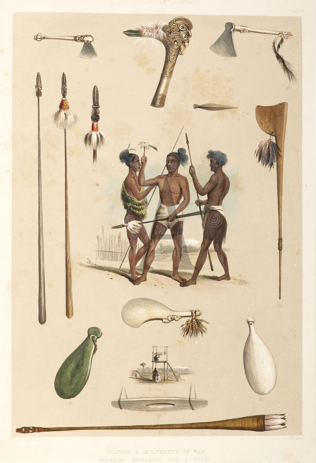 Weapons & Implements of War. Warriors Preparing for a Fight. - Antique Print from 1847