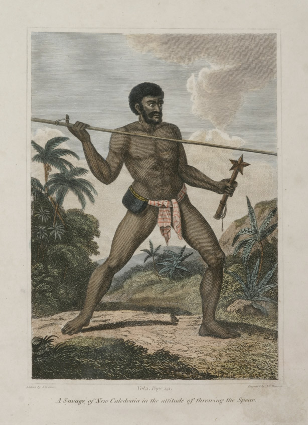A View of New Caledonnia at the Attitude of Throwing the Spear. - Antique Print from 1800