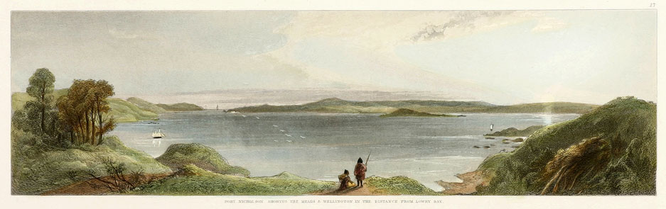 Port Nicholson showing the Heads & Wellington in the distance from Lowry Bay - Antique Print from 1847