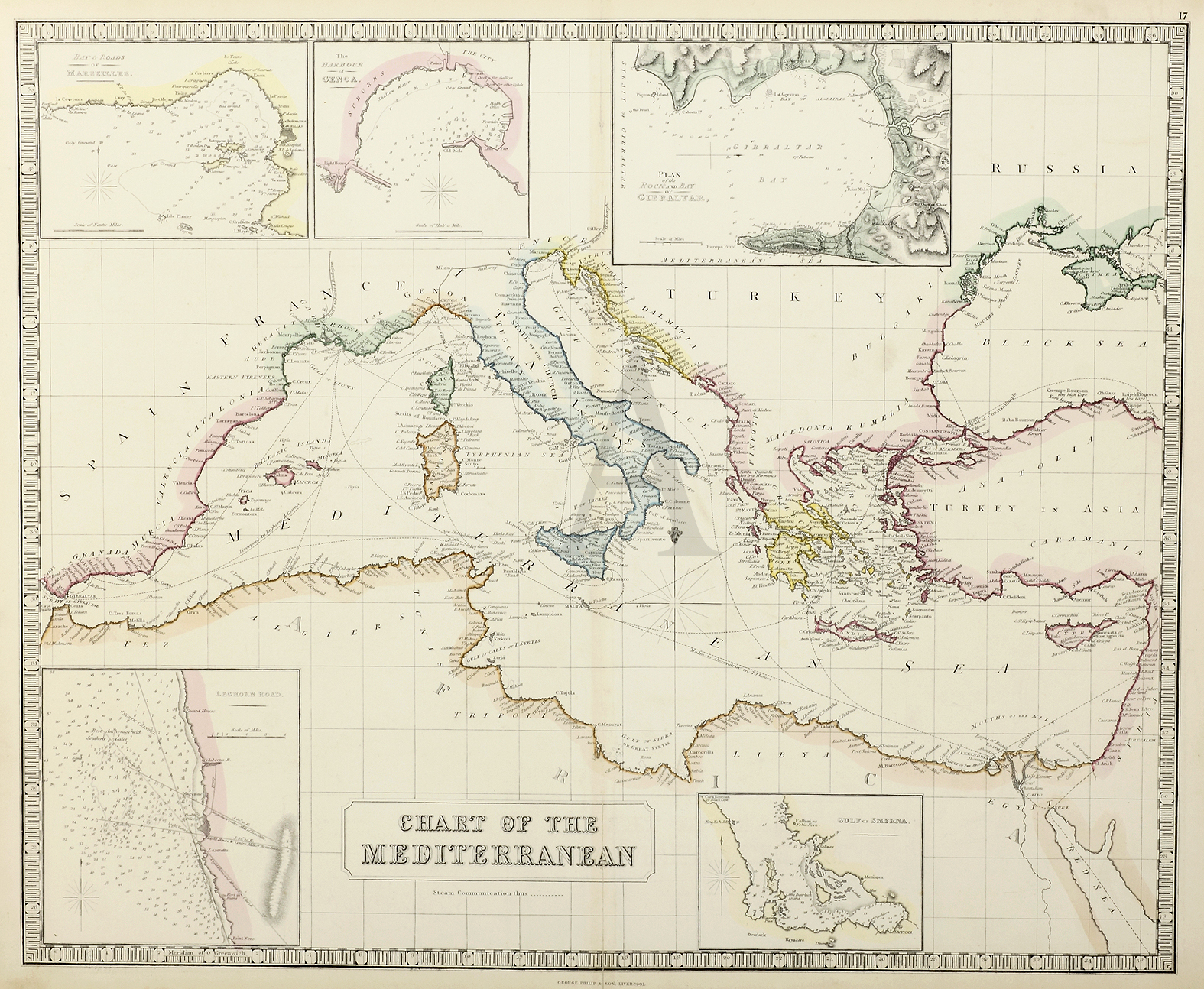 Chart of the Mediterranean - Antique Print from 1860