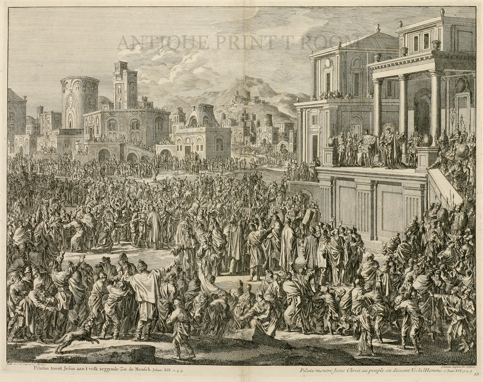 Pilatus toont Jefus aan't volk zeggende :Zie de Menfch - Antique Print from 1720