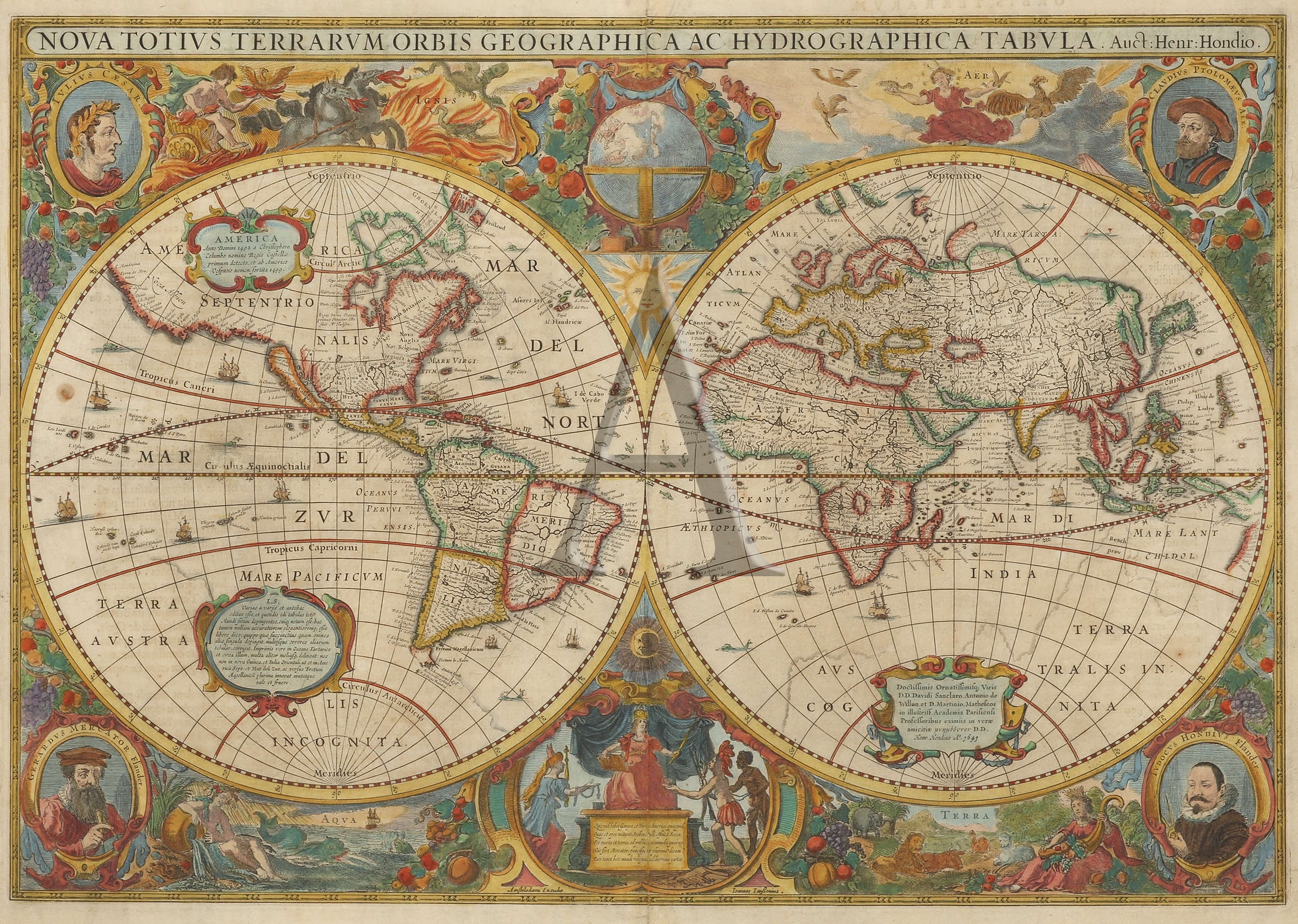 Nova Totius Terrarum Orbis Geographica ac Hydrographica Tabula. Auct. Henr: Hondio - Antique Print from 1630