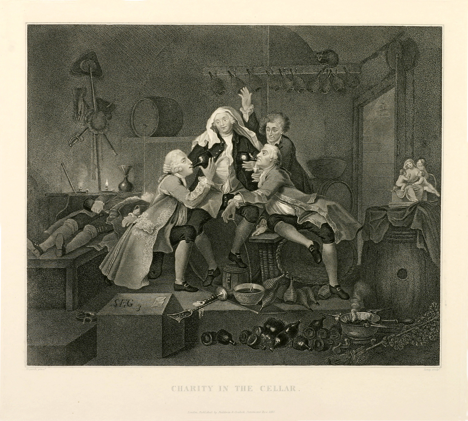 Charity in the Cellar - Antique Print from 1822