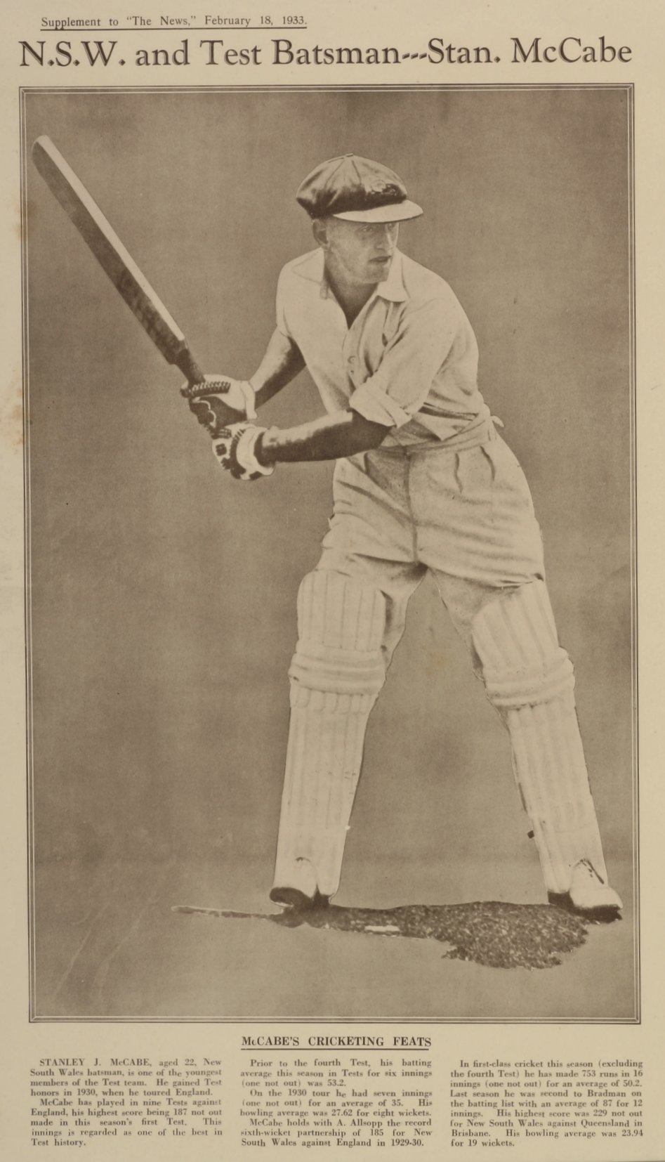 N.S.W. and Test Batsman. Stan. McCabe. - Vintage Print from 1933