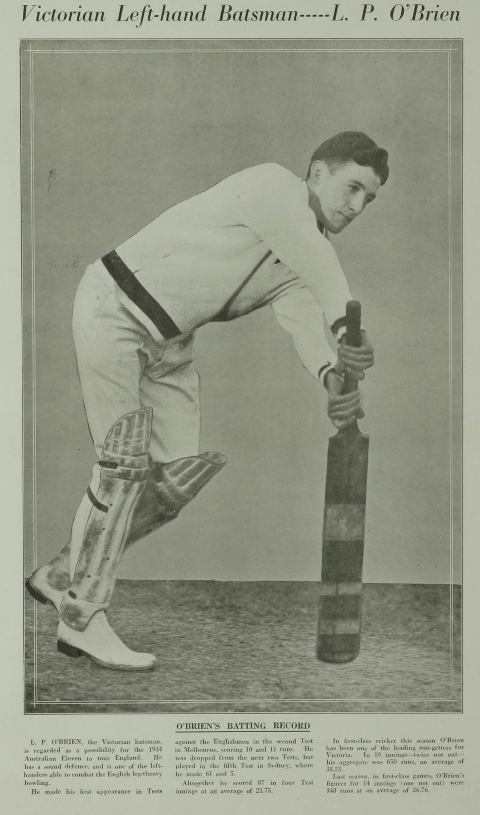 Victorian Left-hand Batsman. L.P. O'Brien - Vintage Print from 1933