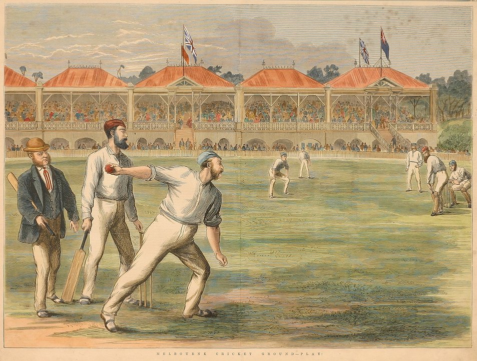 Melbourne Cricket Ground - Play! - Antique Print from 1877
