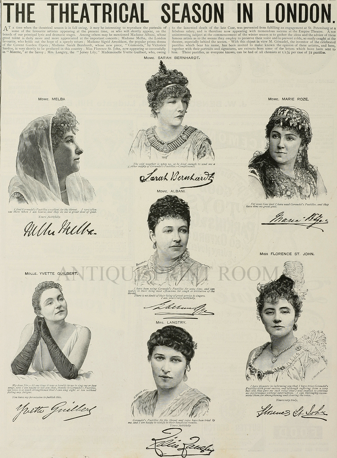 The Theatrical Season in London - Antique Print from 1894