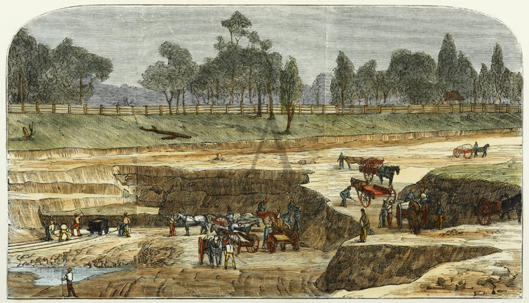 Alluvial Gold-Mining - Antique Print from 1882