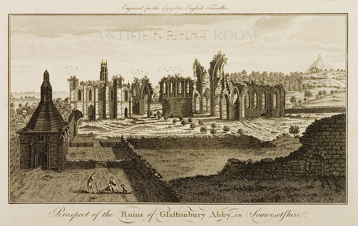 Prospect of the Ruins of Glastonbury Abby in Somersetshire - Antique Print from 1747