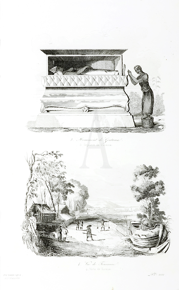 3. Monument de Goutama. 4. Vista de Turana. - Antique Print from 1843