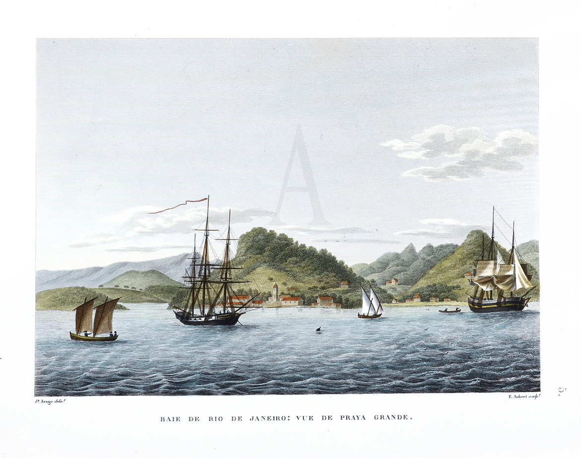 Baie de Rio de Janeiro: Vue de Praya Grande. - Antique Print from 1825